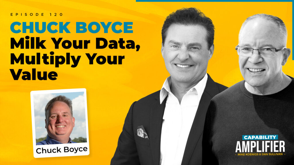 Episode 120 Art: Text reading "CHUCK BOYCE Milk Your Data, Multiply Your Value" on a yellow background with photos of Mike Koenigs, Dan Sullivan and Chuck Boyce.