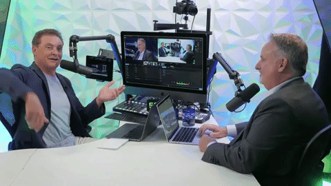 GIF image of Mike Koenigs with Chuck Boyce taken during the recording of Episode 120