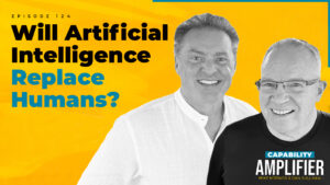 Episode 124 Art: Text reading "Will Artificial Intelligence Replace Humans?" on a yellow background with photos of Mike Koenigs and Dan Sullivan.