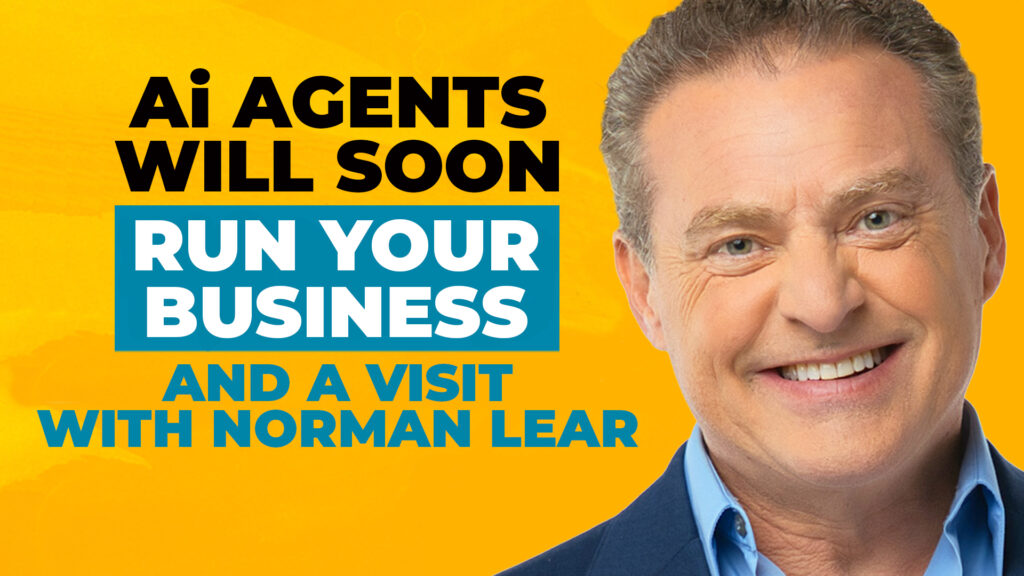 A headshot of Mike Koenigs on a bold yellow background, along with text reading "AI Agents Will Soon Run Your Business - and a Visit With Norman Lear."