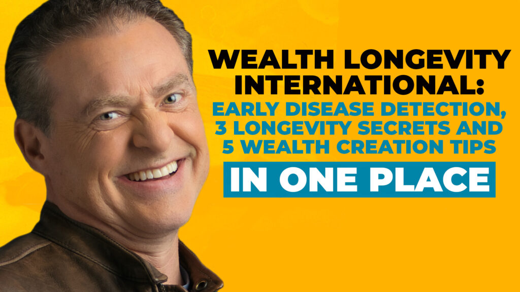 A headshot of Mike Koenigs on a bold yellow background, along with text reading "Wealth Longevity International: Early Disease Detection, 3 Longevity Secrets and 5 Wealth Creation Tips in One Place"