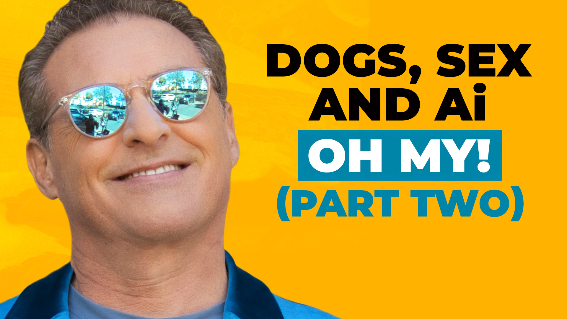Headshot of Mike Koenigs on a bold yellow background, along with text reading "Dogs, Sex and Ai, OH MY! (Part Two)"