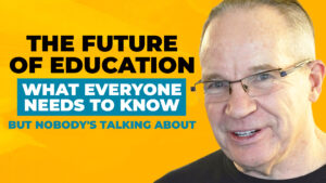 A headshot of Dan Sullivan on a bold yellow background, along with text reading "The Future of Education - What Everyone Needs to Know but Nobody's Talking About."