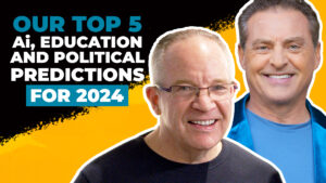 Headshots of Mike Koenigs and Dan Sullivan on a bold yellow and black background, along with text reading "Our Top 5 Ai, Education and Political Predictions for 2024."