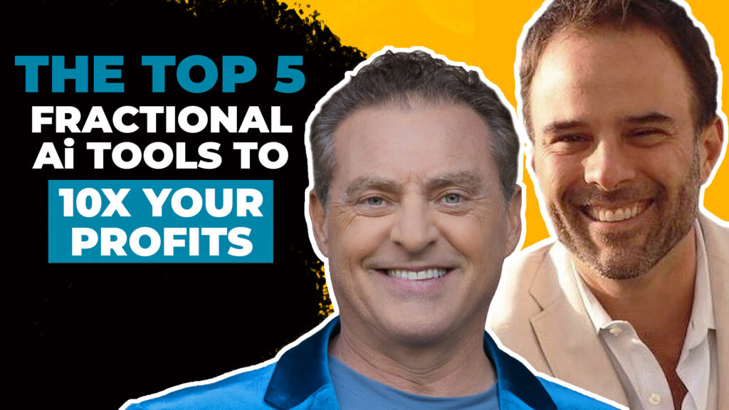 Headshots of Brad Costanzo and Mike Koenigs on a bold yellow and black background, along with text reading: "The Top 5 Fractional Ai Tools to 10X Your Profits."
