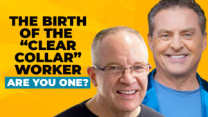 Headshots of Mike Koenigs and Dan Sullivan on a bold yellow background, along with text reading "The Birth of the Clear Collar Worker (Are You One?)"